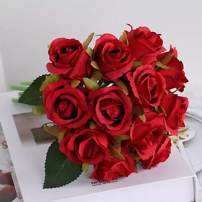 12 Head Artificial Flowers Silk Rose Fake Flower With Stem Wedding Party Bouquet • £6.26