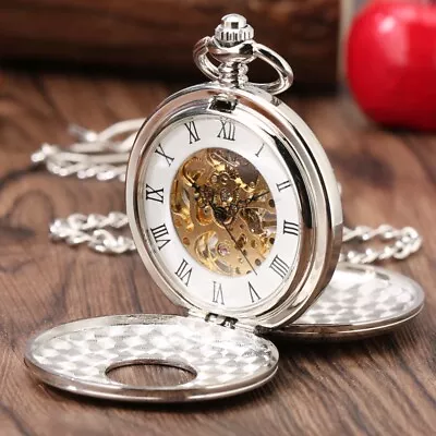 Silver Mechanical Pocket Watch Skeleton Roman Numerals Case Half Hunter For Men • $19.59