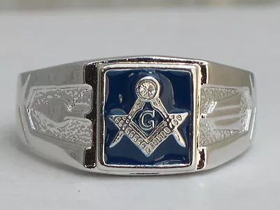 Masonry Masonic Blue Enamel Compasses Clear Austrian Crystal Men Ring Size 7-15 • $23.99