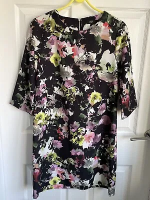 Ladies Black Mix F&F 3/4 Sleeve Floral Dress - Size 10 • £6.95