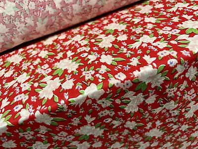 Cotton Single Jersey Fabric Per Metre - Floral Print - Red Pink & Green • £7.99