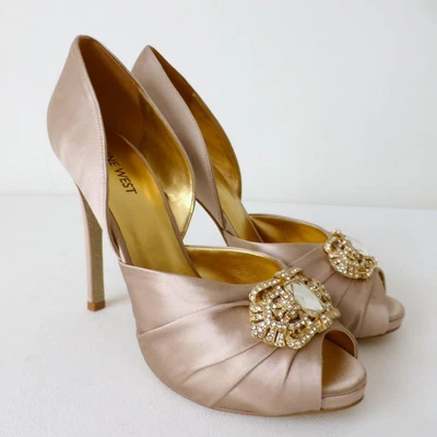 £76.42 • Buy NINE WEST Shoes NEW Open Toe Taupe Embellished Satin High Heels  Size 8.5 M