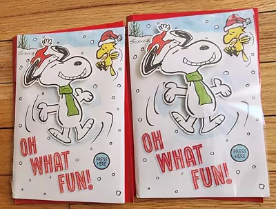 New Lot Of 2 Peanuts Snoopy Woodstock Music Moving Christmas Cards Envelopes • $18.97