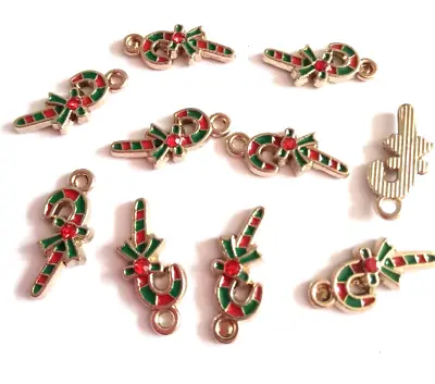 10 Festive Christmas Candy Cane Shaped Charms Red Rhinestone & Enamel Detail • £3.95