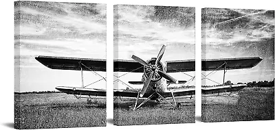 3 Piece Black And White Wall Art Retro Airplane Picture Painting Vintage • $50.99