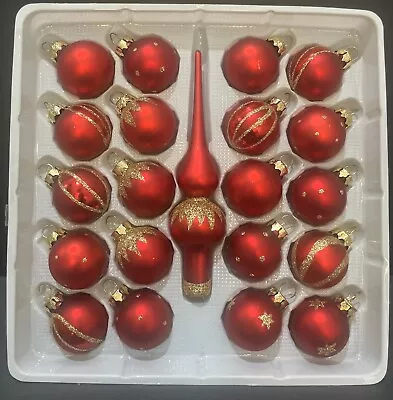 Box Of 21 Raunch Glass Christmas Ornaments Red/Gold Glitter & Finial Topper • $14.99