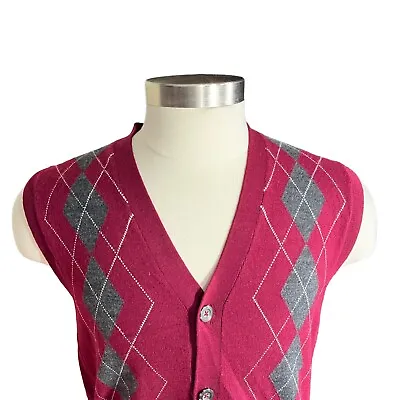 Club Room Estate Merino Wool Men Red White Argyle Sleeveless Sweater Vest Sz XL • $22.99