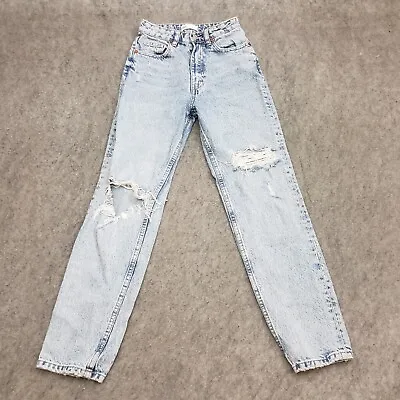 Zara Jeans Womens 0 Blue Straight High Rise Light Wash Denim Distressed 24x27 A1 • $14.39