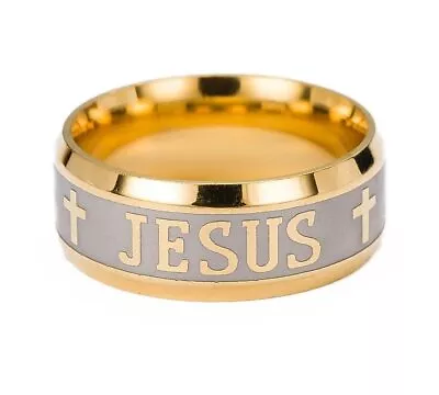 Jesus Religious Ring Band Stainless Steel Men Women Unisex Cross Crucifix Gold • $10.95