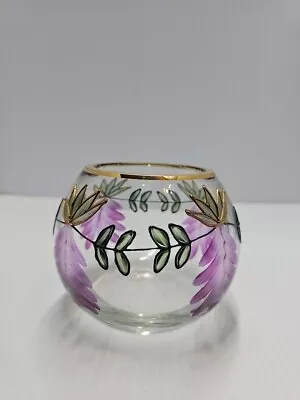 Romania Crystal Hand Painted Bowl Vase Purple Flowers Green Ivy Leaves Gold • $12