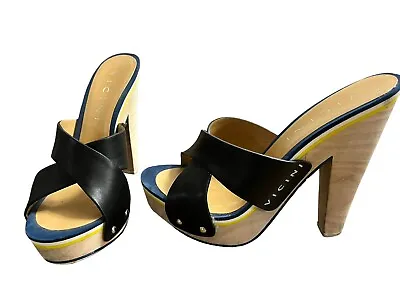VICINI Black Open Toe Logo Detail Mules Shoes 36 US 6 $495 • $22.46