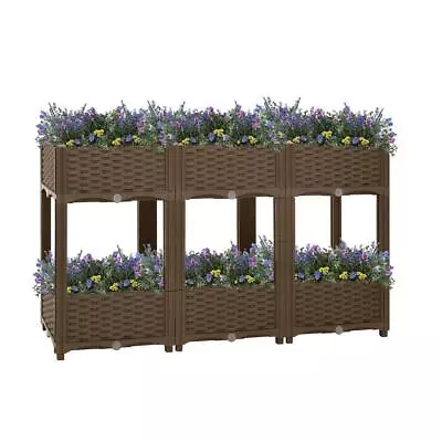 2 Tier Brown 6 Raised Flower Bed Rattan Effect Garden Edge Fence Planter Pot • £52.99