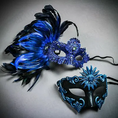 Blue Venetian Halloween Masquerade Ball Party Couple's Mask W/ Feather Men Women • $34.99