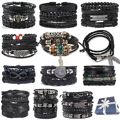 £4.79 • Buy Mens Black Leather Bracelet Wristband Stainless Steel Clasp Jewellery Gift + Box