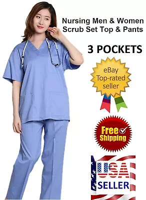 Medical Doctor Nursing Men Women Scrub Set 2 Piece Suits Shirt Pants Uniform • $14.99