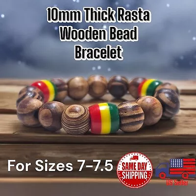 Thick 10mm 7-7.5   Rasta Colors Brown Wooden Stretch  Bracelet  • $4.75