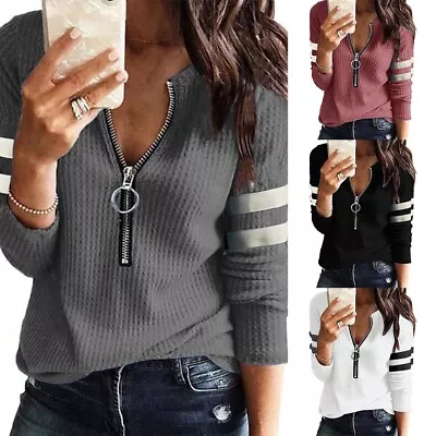 Tops For Women V-Neck Zip Up Autumn And Winter Blouse Casual Long Sleeve • £21.78