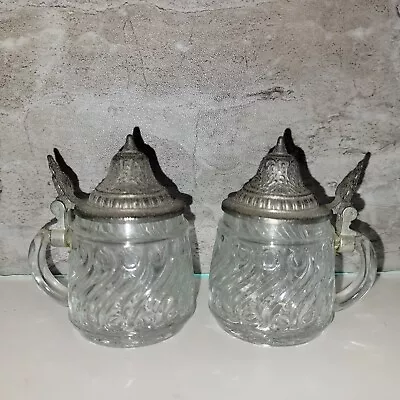 Vintage Miniature 3  Swirl Glass Beer Stein With Ornate Pewter Lids Set Of 2 • $19.95