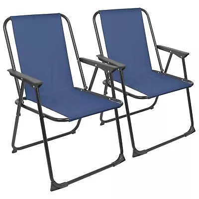 2x Matt Black/Navy Folding Metal Beach Chairs Portable Outdoor Camping Fishing • £25