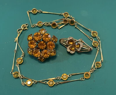 $22 • Buy Vintage Jewelry Brooches Bezel Necklace Lot (3) Citrine Colored Rhinestones