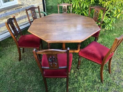 Antique Walnut Octagonal Dining Table 6 Carved Walnut Chairs • £250