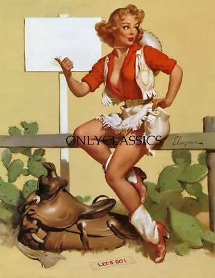 1957 Rare Gil Elvgren Brown & Bigelow Pin-Up Print Buxom Cowgirl In Let's Go! • $13.17
