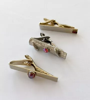 Vintage 80’s Tie Clip LOT Bar Clasp Gold Tone Red Stone 1.5  Auroraborealis • $10