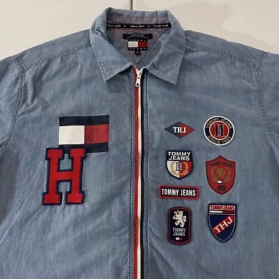 Vintage Men’s Tommy Jeans Hilfiger Chambray Full Zip Short Sleeve Shirt Size XL • $25.49