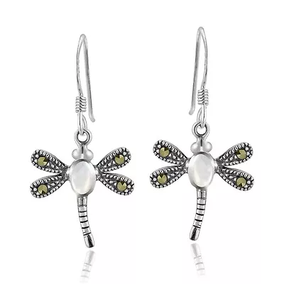 Stylish White Pearl & Marcasite On Dragonfly Sterling Silver Dangle Earrings • $12.59