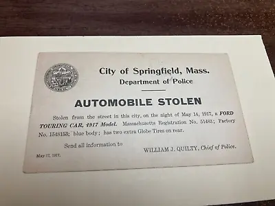 Official Police Notice Postal Card 1917 Springfield Mass Stolen Ford Touring Car • $49.99
