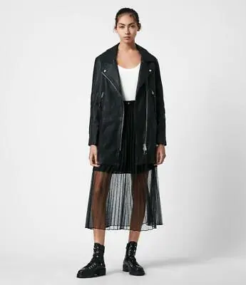 AllSaints Luna Leather Biker Coat/Mac Jacket In Black Size 6 BNWT £559 • $440.87