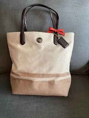 COACH - Wool Blend Signature Stripe Tote Bag Tan Brown Two Tone Patent • $45