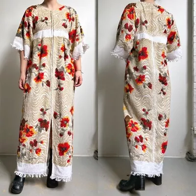 70s Vintage Towel Dress Boho Long Caftan Coverup Fringe Floral Terry Cloth • $165