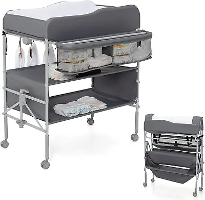 Baby Changing Table Folding Nursery Changing Station With 4 Lockable Wheels • £105.94