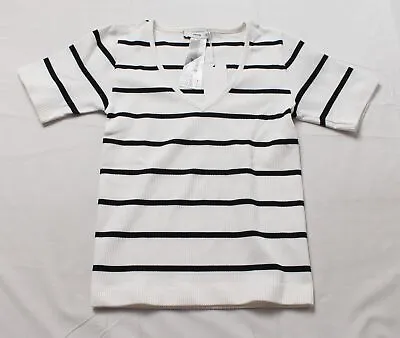 Mango Women's Seamless Ribbed-Knit Striped V-Neck T-Shirt DP3 White Medium NWT • $14.99