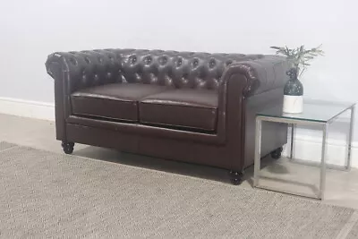 CLEARANCE Hampton 2 Seater Chesterfield Sofa Antique Brown Faux Leather T12911 • £205