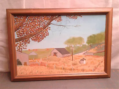 Vintage Oil Painting W Frame Fall Season Picture Sheds W Outhouse Poulter 1976 • $42