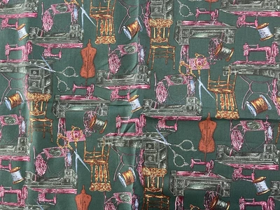$12.50 • Buy VTG Green Dressmaker Print Fabric Treadle Sewing Machine Mannequin Form 1Ydx44”W