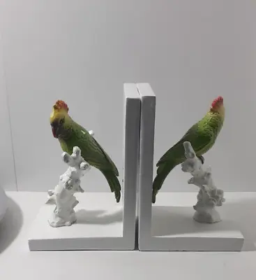 Green Parrots Perching On Tree Branch White Wood Bookends Set • $49