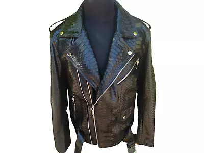 Black Motorcycle Leather Jacket Real Python Snake Skin With Glossy Finishing • $900