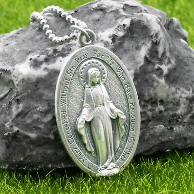 Extra Large 1-3/4  Miraculous Medal Virgin Mary Pendant Necklace Italy 24  Chain • $11.99