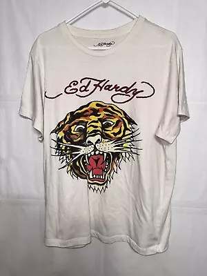 Ed Hardy Mens Large Tiger Design White Short Sleeve T-Shirt • $6.79