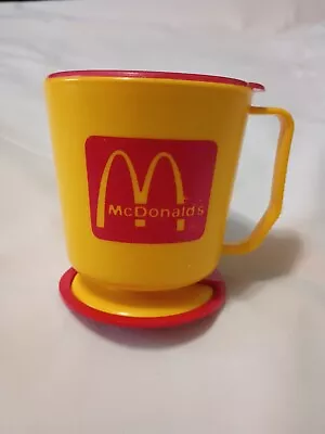 Vintage McDonald's Travel Coffee Cup Mug With Lid Yellow & Red Plastic And Base • $12.50