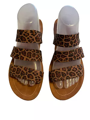 Steve Madden Womens Brown & Tan Leopard Print 3 Strap Slip On Sandals Size 9.5 • $11.99