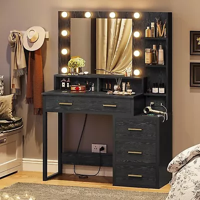Makeup Vanity With Lights And Charging Station Black Vanity Desk With Mirror • $199.97