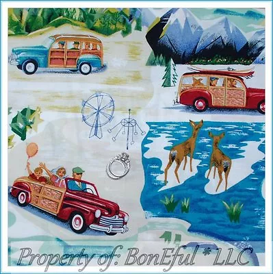 BonEful Fabric FQ Cotton Quilt VTG Brown Woody Car Camp Cabin Beach Deer Scenic • $6.30