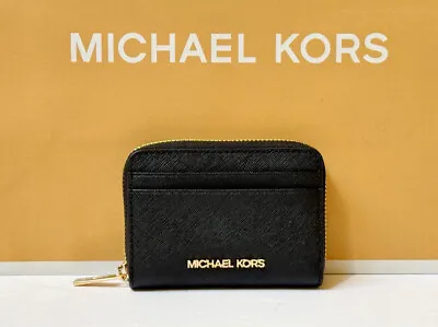 Michael Kors Jet Set Travel Md Zip Around Card Case Wallet Black/gold • $49.88