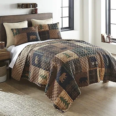 King Quilt Set Log Cabin Lodge Rustic Mountain Brown Bear Country Bedding 3 Pc • $112.95