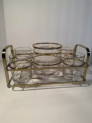 Vintage Bar Ware Set 4 Glasses Glass Ice Bucket And Gold Tray Great Condition • $47