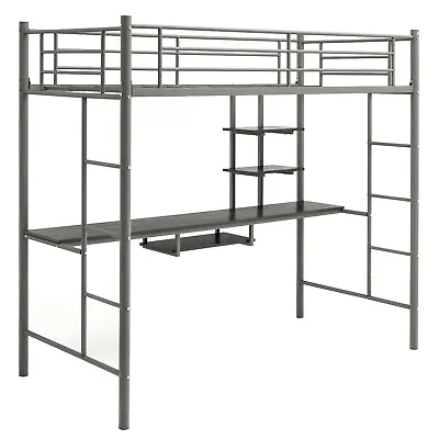 3.5FT Single Metal Loft Bed Frame High Sleeper Bunk Bed W/ Desk Storage Shelves • £179.95